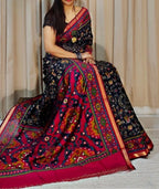 Generic Women's Linen Printed Saree With Unstitched Blouse - 5.5 Mtr (Black-Pink)