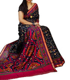Generic Women's Linen Printed Saree With Unstitched Blouse - 5.5 Mtr (Black-Pink)