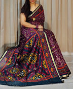Generic Women's Linen Printed Saree With Unstitched Blouse - 5.5 Mtr (Purple-Navy Blue)