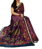 Generic Women's Linen Printed Saree With Unstitched Blouse - 5.5 Mtr (Purple-Navy Blue)