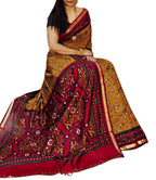 Generic Women's Linen Printed Saree With Unstitched Blouse - 5.5 Mtr (Mustard Yellow-Red)