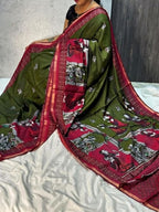 Generic Women's Linen Kalamkari Printed Saree With Unstitched Blouse - 5.5 Mtr (Olive Green-Maroon)