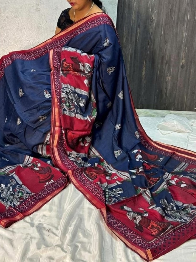 Generic Women's Linen Kalamkari Printed Saree With Unstitched Blouse - 5.5 Mtr (Navy Blue-Maroon)