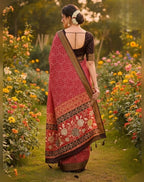 Generic Women's Linen Floral Printed Saree With Unstitched Blouse - 5.5 Mtr (Red)