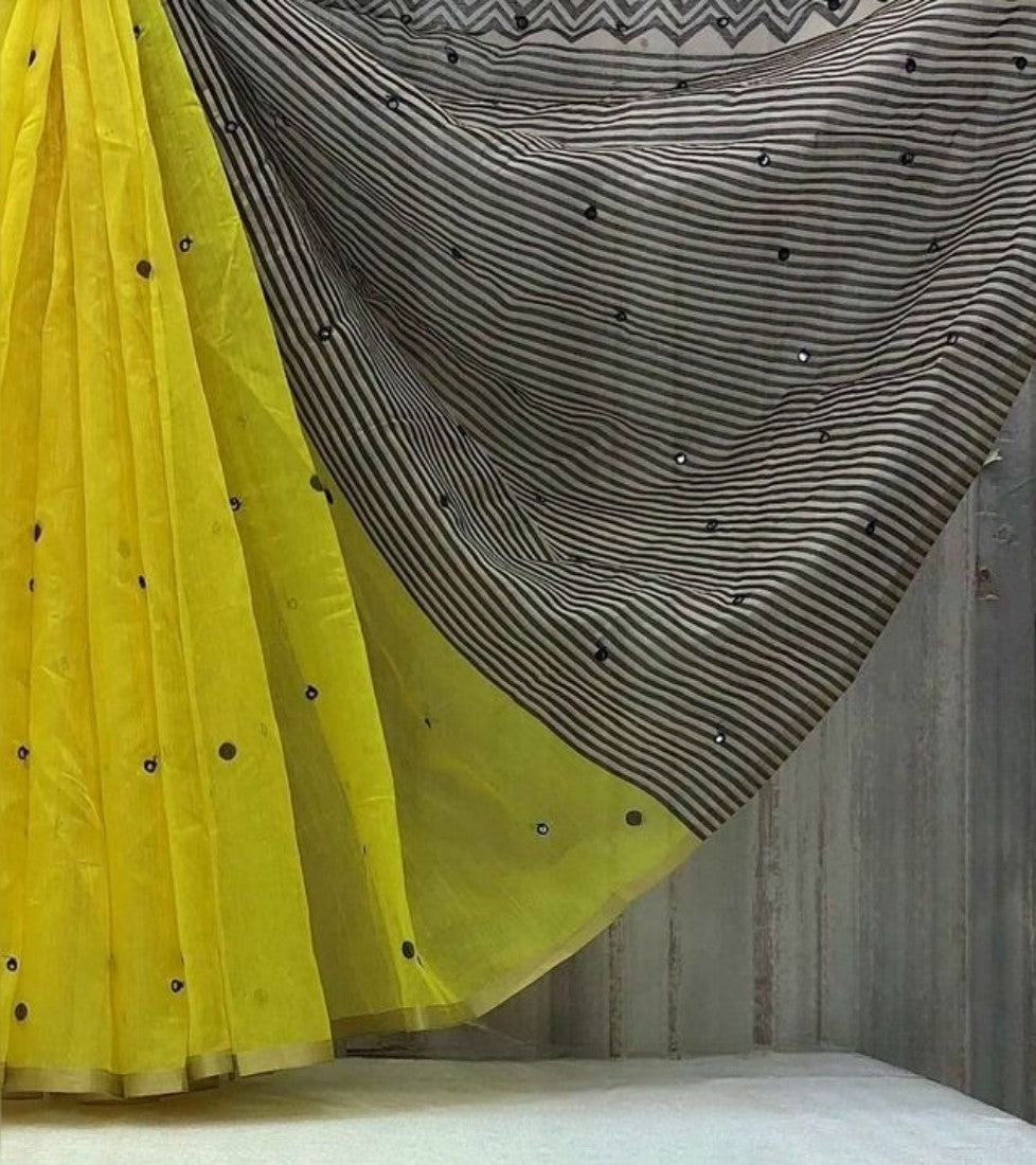 Generic Women's Linen Striped Saree With Unstitched Blouse - 5.5 Mtr (Lemon Yellow)