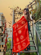 Generic Women's Linen Printed Saree With Unstitched Blouse - 5.5 Mtr (Teal-Orange)