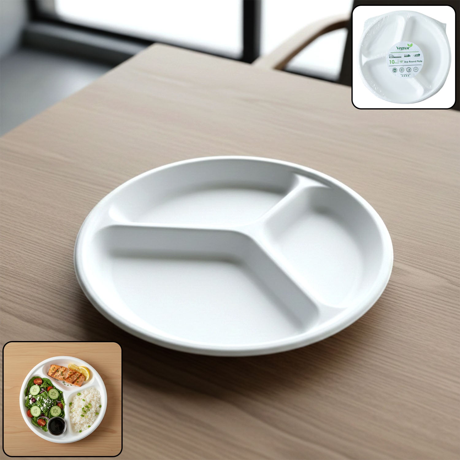 Disposable Round 3 Compartment Meal Plate (Pack Of 10 Pc)