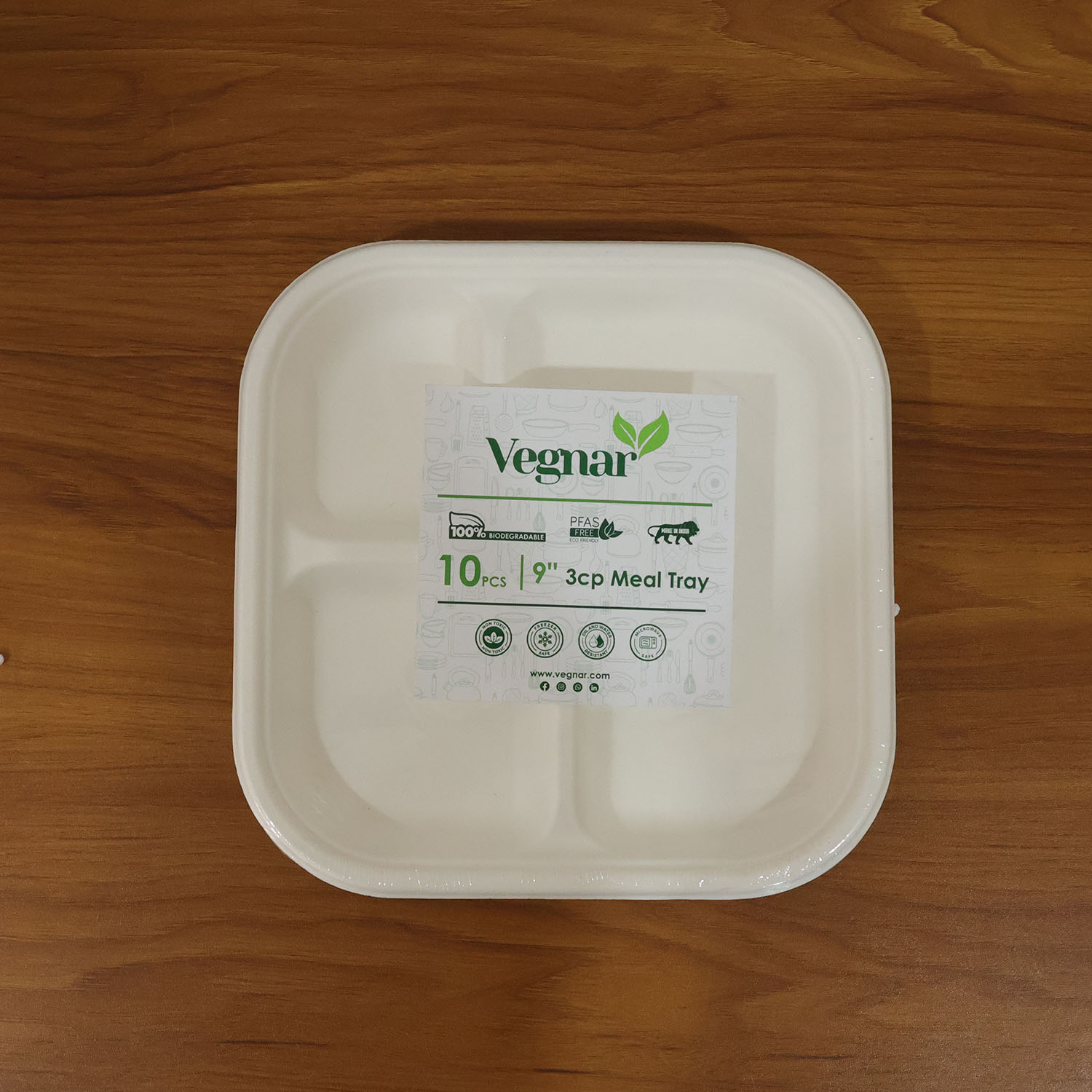 Vegnar Square 3 Compartment Disposable Meal Tray Set (10 Pc)