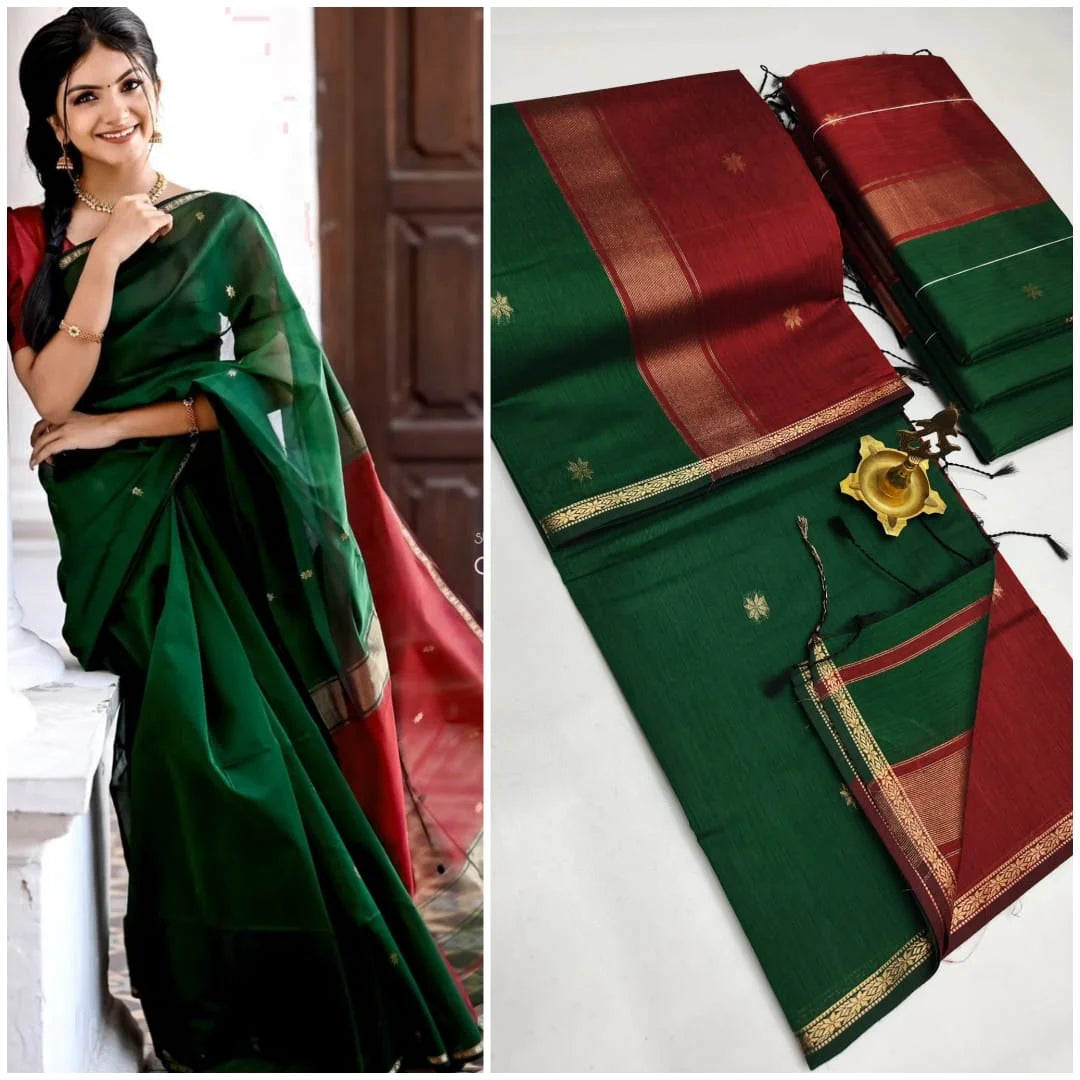 BGreen with Red colour Maheshwari silk cotton saree