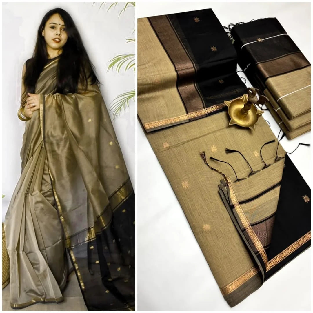 Elegance Tussar Begie with black color Maheshwari cotton saree